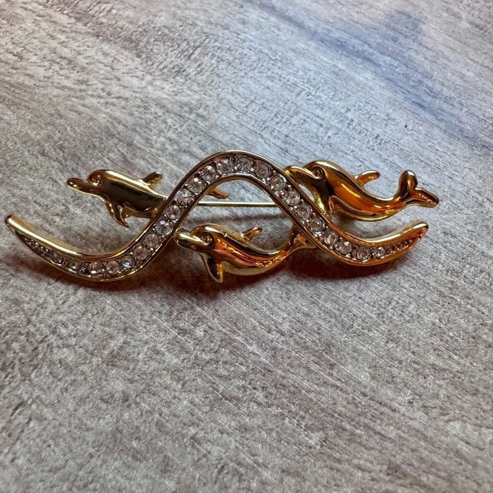 Swimming Dolphins Riding Rhinestone Wave Pin Brooch 2 Tone Costume Unsigned